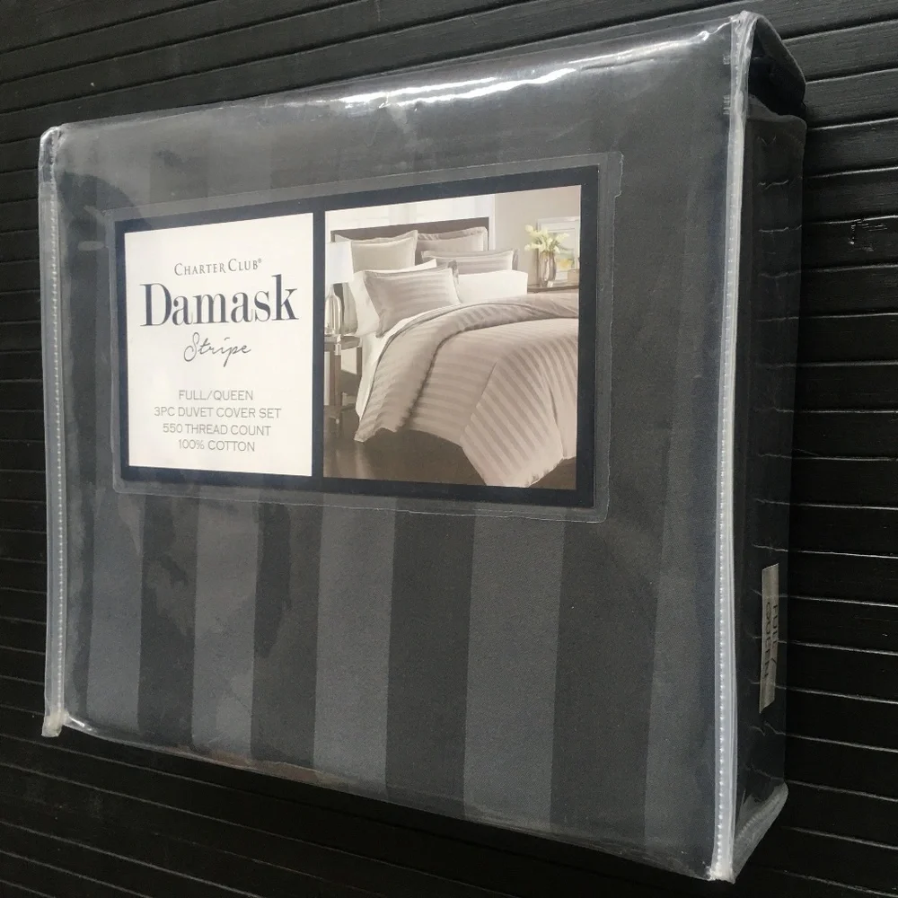 CHARCOAL GRAY Charter Club Stripe 550 TC 100% Cotton FULL/QUEEN Duvet Cover Set
